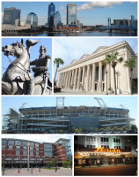 Top, left to right: Downtown Jacksonville, statue of Andrew Jackson, Prime F. Osborn III Convention Center, EverBank Field, Veterans Memorial Arena, Florida Theatre