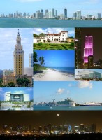 From top, Left to Right: Skyline of Downtown, Freedom Tower, Villa Vizcaya, Miami Tower, Virginia Key Beach, Adrienne Arsht Center for the Performing Arts, AmericanAirlines Arena, PortMiami, the Moon over Miami