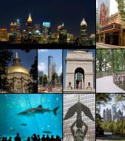 From top to bottom left to right: Atlanta skyline seen from Buckhead, the Fox Theatre, the Georgia State Capitol, Centennial Olympic Park, Millennium Gate, the Canopy Walk, the Georgia Aquarium, The Phoenix statue, and the Midtown skyline