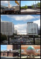 Clockwise from top: AFI Silver, Veteran's Plaza and the civic building, Downtown Silver Spring from the Metro station, Acorn Park, Baltimore and Ohio Railroad Station.