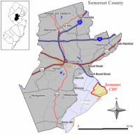 Map of Somerset CDP highlighted within Somerset County. Right: Location of Somerset County in New Jersey.