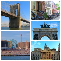 Clockwise from top left: Brooklyn Bridge, Brooklyn brownstones, Soldiers' and Sailors' Arch, Brooklyn Borough Hall, Coney Island