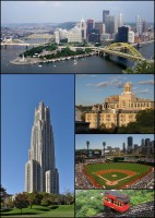 Clockwise: Cathedral of Learning at the University of Pittsburgh; Pittsburgh skyline; Carnegie Mellon University; PNC Park; Duquesne Incline
