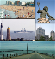 Clockwise from top left: Oceanfront beaches; King Neptune statue; Town Center skyline; Chesapeake Bay Bridge-Tunnel; Cape Henry Lighthouses