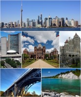 From top left: Downtown Toronto featuring the CN Tower and Financial District from the Toronto Harbour, City Hall, the Ontario Legislative Building, Casa Loma, Prince Edward Viaduct, and the Scarborough Bluffs